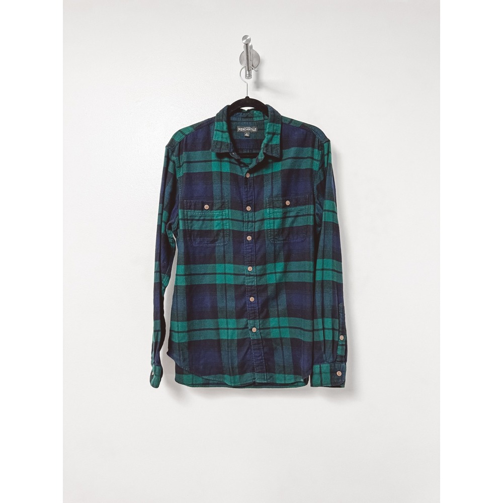 J Crew Mercantile Plaid‎ Winter Casual Flannel Button Up Shirt Green Navy Large